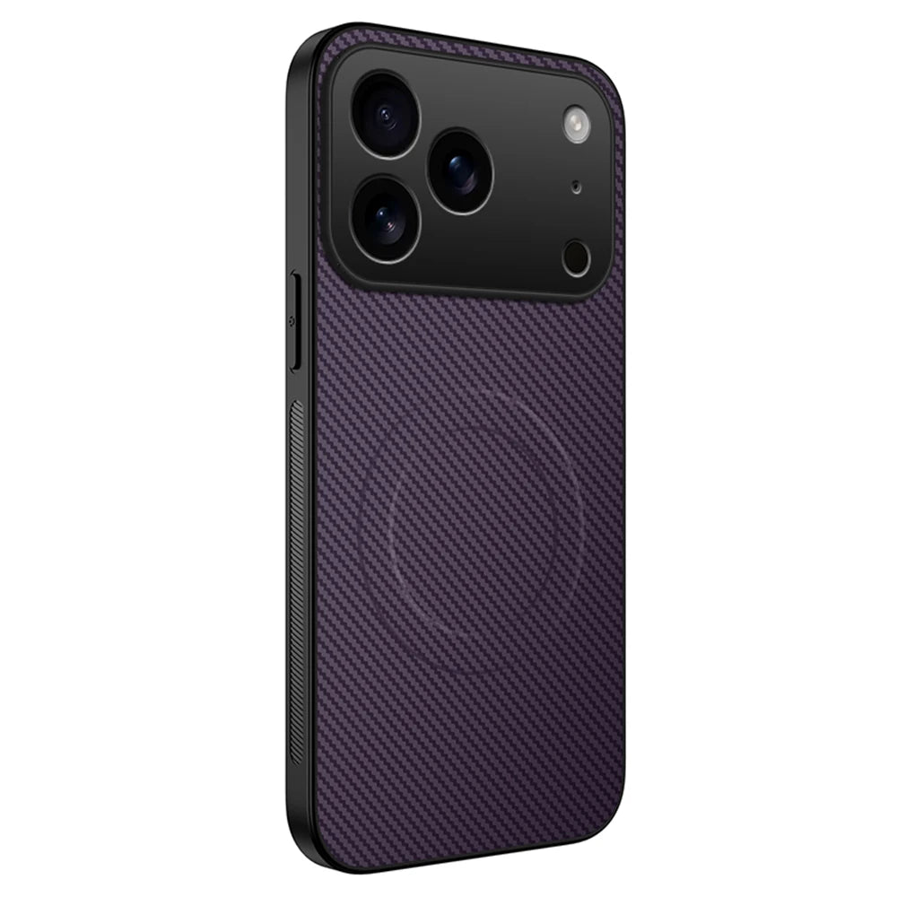Magnetic leather carbon fiber case for iPhone 13-17 series in purple, featuring MagSafe compatibility and a sleek design.